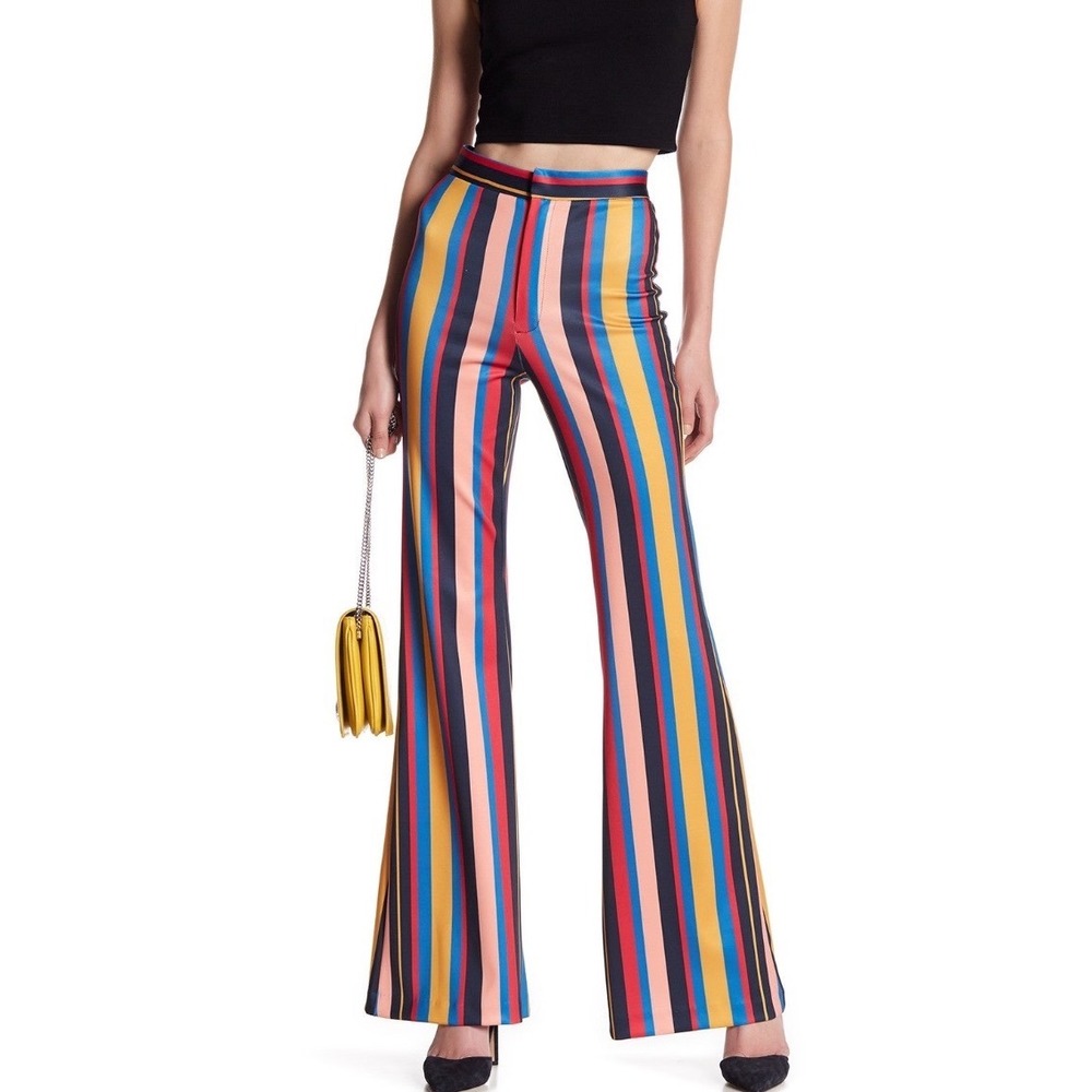 Jealous Tomato Multi-Color Vertical Stripe Flare Leg Pants Maximalist 70s Boho M